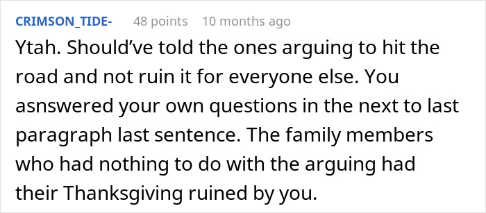 Screenshot of Reddit comment discussing a woman who can&rsquo;t handle her conservative uncle at Thanksgiving dinner.