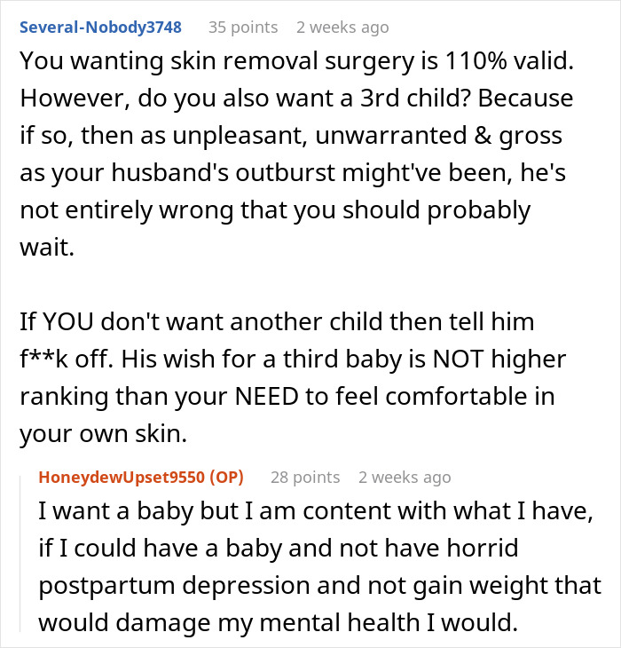 Reddit conversation about wife planning surgery after weight loss and husband calling her selfish for postponing another child.
