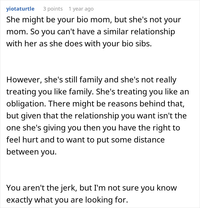 Comment discussing a teen torn about continuing to see biological mom treated like a second-rate child. Comment discussing a teen torn about continuing to see biological mom treated like a second-rate child.