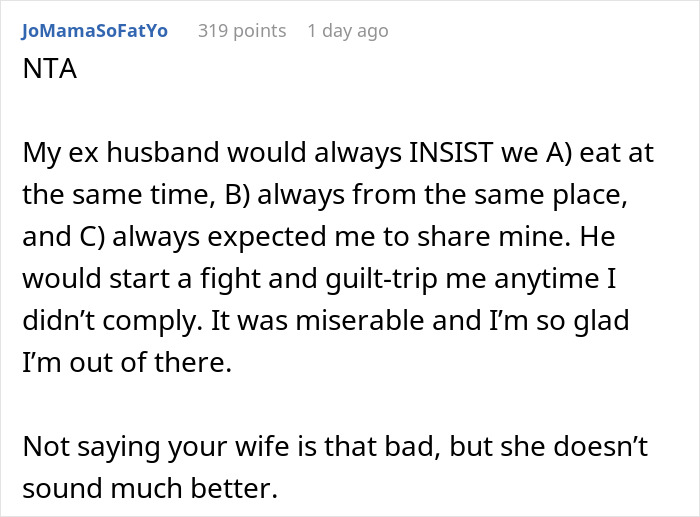 Screenshot of a Reddit comment discussing family drama about a man filming his wife secretly to prove she eats his fries. Screenshot of a Reddit comment discussing family drama about a man filming his wife secretly to prove she eats his fries.