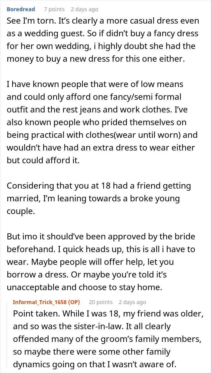 Discussion about a guest wearing own wedding dress to a casual wedding and issues with approval and finances.