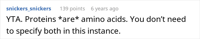 Reddit comment explaining that proteins are amino acids, clarifying a misconception in a discussion about convenience store stealing incident.