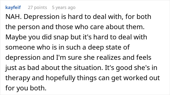 Comment discussing the challenges of depression and its impact on relationships, mentioning therapy and coping. Comment discussing the challenges of depression and its impact on relationships, mentioning therapy and coping.