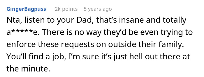 Comment discussing the ridiculous demands of a live-in nanny job and telling brother to go to hell.