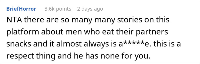 Screenshot of a Reddit comment discussing angry husband who eats emergency snacks, highlighting lack of respect for pregnant woman. Screenshot of a Reddit comment discussing angry husband who eats emergency snacks, highlighting lack of respect for pregnant woman.