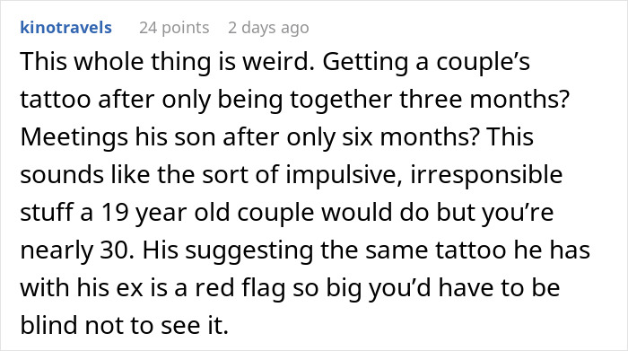 Comment discussing a woman couple tattoo involving an ex, highlighting red flags and impulsive relationship decisions.