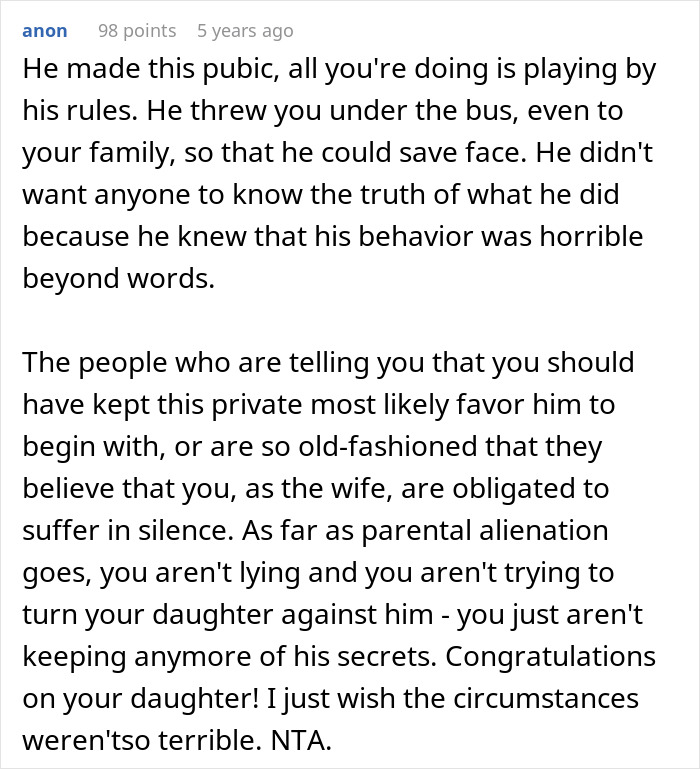 Comment explaining husband's behavior after leaving due to deaf baby, addressing blame and parental alienation issues.