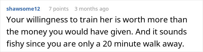 Screenshot of an online comment expressing that training someone is worth more than giving cash, highlighting unwillingness to help.