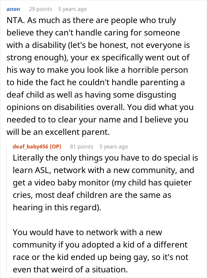 Reddit comments discussing a husband leaving because he can't deal with a deaf baby and blaming his wife.