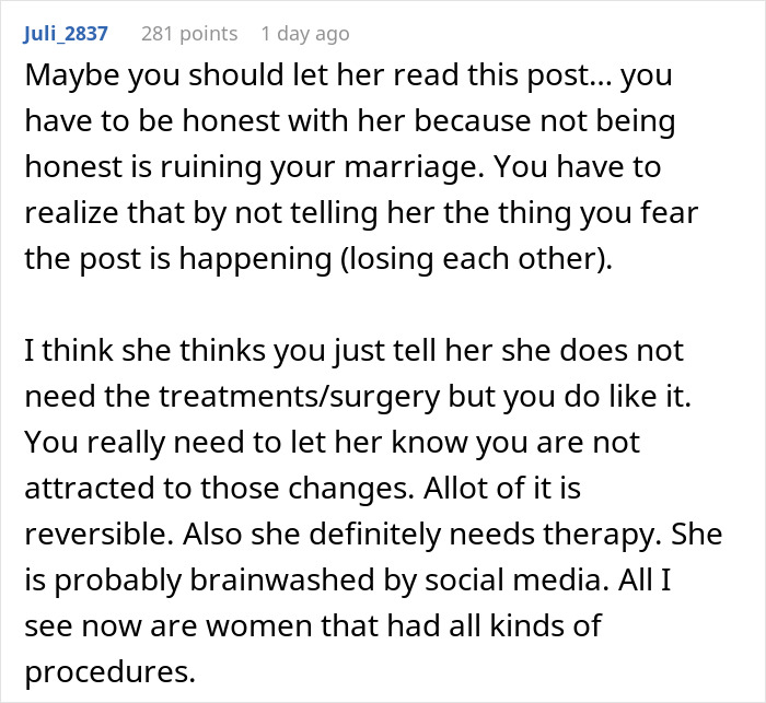 Commenter Juli_2837 advising honesty about husband being unattracted due to wife's plastic surgery and suggesting therapy and reversal options.
