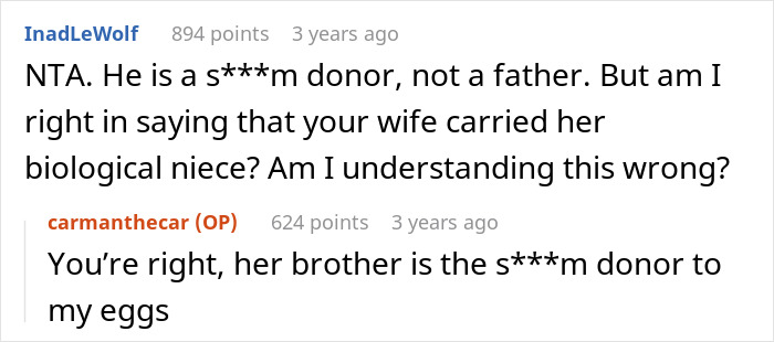 Reddit conversation about guy helping sister-in-law conceive using IVF and being called her kid&rsquo;s dad.