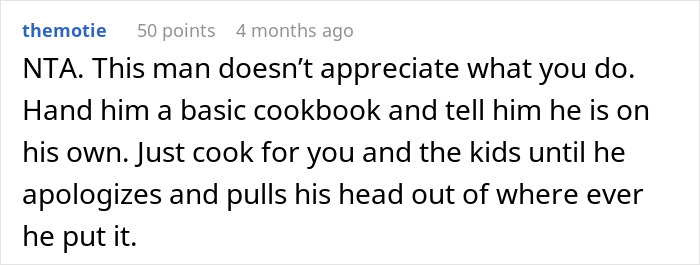Comment on a forum about a husband yelling at wife for cooking the same meal after ingredient restrictions.