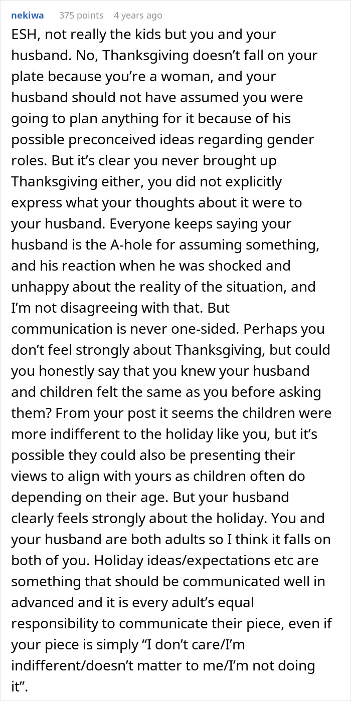 Woman upset as husband assumed she planned Thanksgiving despite never doing it before, highlighting miscommunication and gender role assumptions.