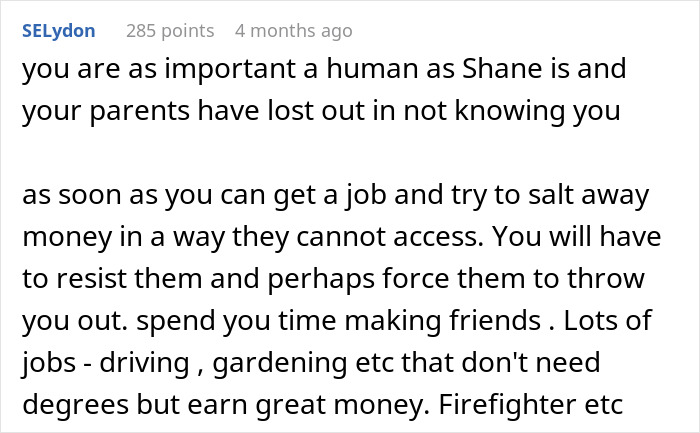 Screenshot of an online forum post offering advice to a disabled son about independence and dealing with parents. Screenshot of an online forum post offering advice to a disabled son about independence and dealing with parents.