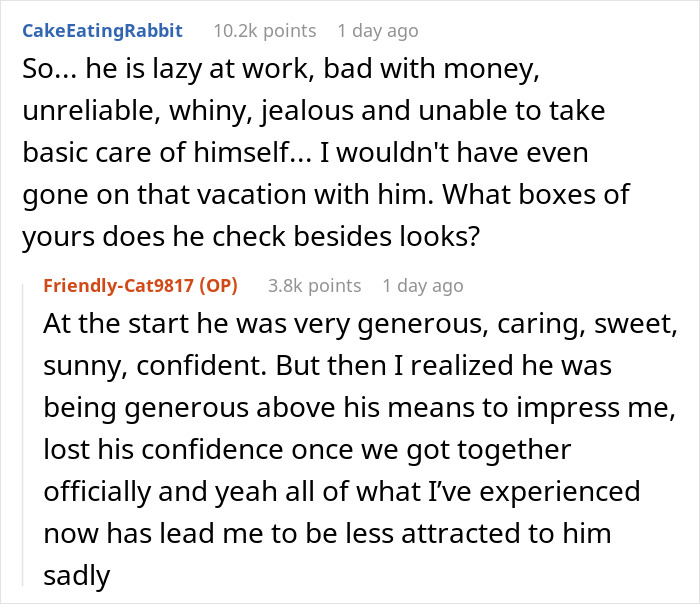 Reddit conversation revealing man&rsquo;s true colors during vacation, showing unreliability and loss of confidence in relationship.