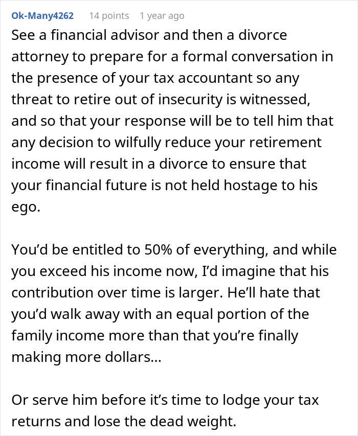 Comment suggesting consulting financial and divorce experts to prevent husband feeling emasculated when wife makes more money.