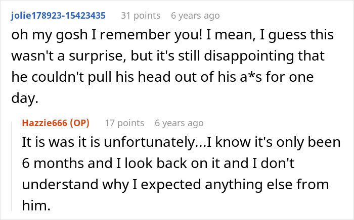 Screenshot of a Reddit conversation discussing disappointment about the bride&rsquo;s father refusing to attend wedding not on American soil.