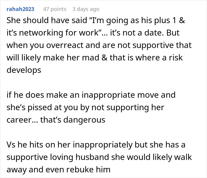 Comment discussing a woman going to gala with client as her date, and its impact on her husband's trust.