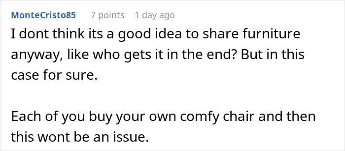 Screenshot of a Reddit comment discussing sharing furniture and costs between roommates for a new couch.
