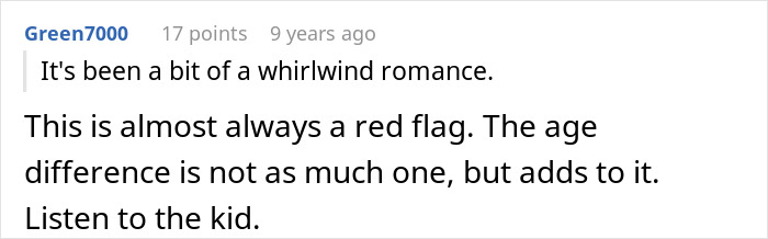 Screenshot of a Reddit comment discussing age difference concerns in a relationship after woman bumps into boyfriend&rsquo;s grown son.