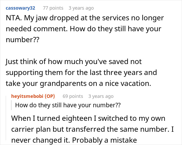 Screenshot of a discussion about parents&rsquo; blatant favoritism and son refusing to help them in an online forum thread.