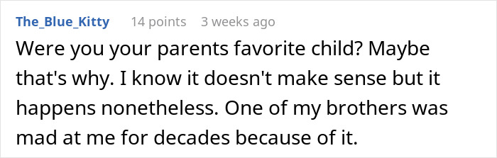 Screenshot of a social media comment about sibling conflicts and being blocked on Instagram by a sister.