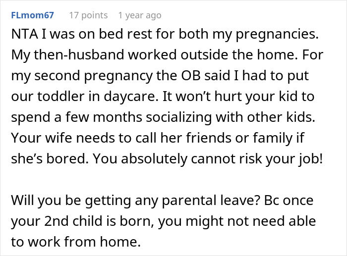 Alt text: Screenshot of Reddit comment discussing pregnancy, bedridden wife, and challenges balancing work meetings with family needs.