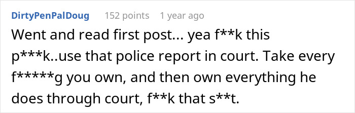 Screenshot of an online comment about using a police report in court after a man steals his wife&rsquo;s tea set and gives it to his niece.