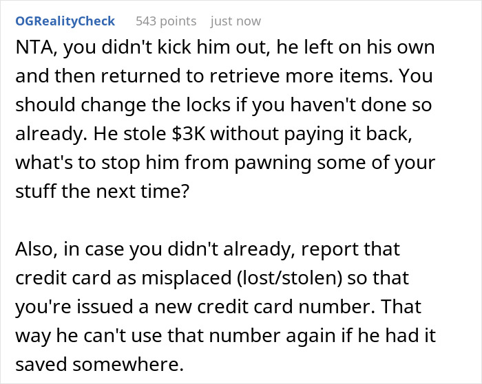 Text post discussing a 20-year-old mooching off parents and stealing 3K, leading to being kicked out.