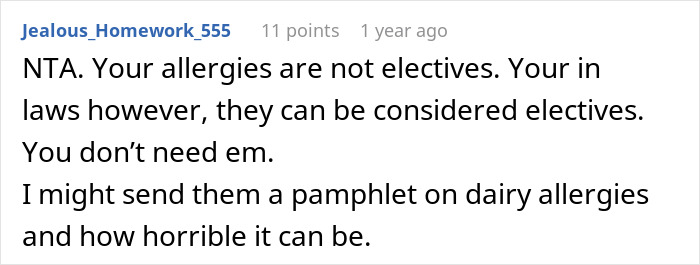 Reddit comment explaining allergies and suggesting sending pamphlet, related to mom refusing family dinners after being ignored by in-laws. Reddit comment explaining allergies and suggesting sending pamphlet, related to mom refusing family dinners after being ignored by in-laws.