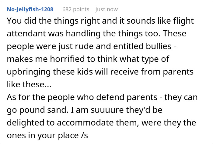 Screenshot of a Reddit comment discussing rude family bullying a lady to swap plane seats and coworkers calling her a villain.