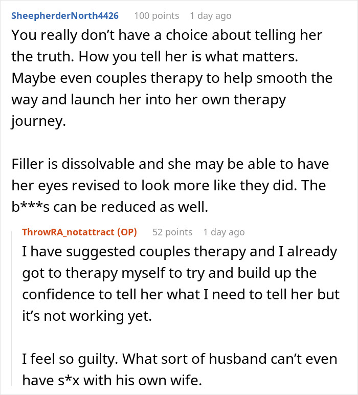 Reddit conversation about husband unattracted to plastic surgery wife discussing couples therapy and emotional challenges.