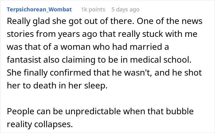 Text post discussing a woman suspecting a guy lying about attending medical school and the violent outcome.