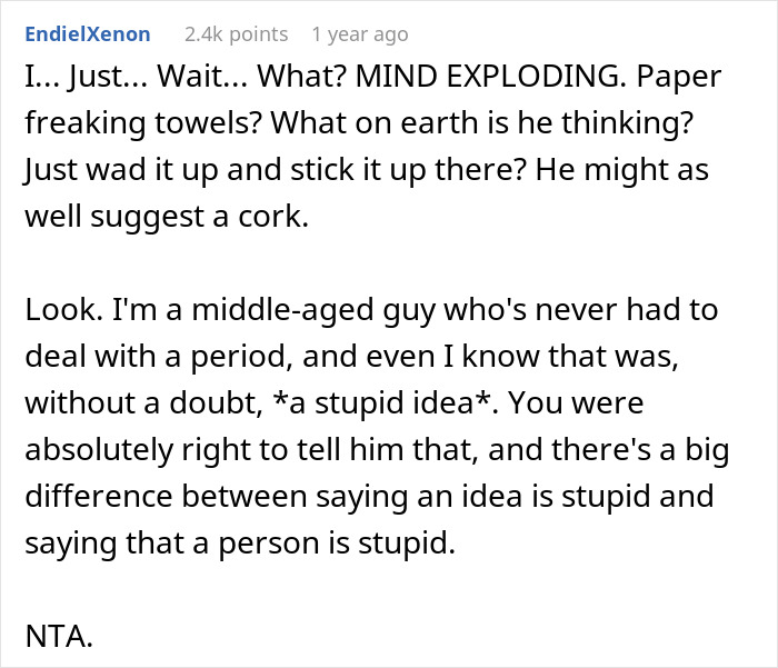 Comment discussing clueless dad suggesting paper towel use to swim on period, called out for stupid ideas by teen.