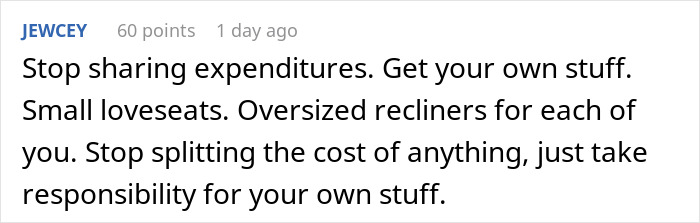 Reddit comment debating if heavier roommate should pay more than half for a new couch due to damage concerns.