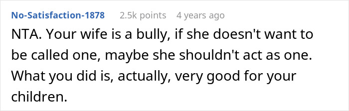 Screenshot of forum comment about husband calling wife a bully, discussing impact of bullies on her life and children.