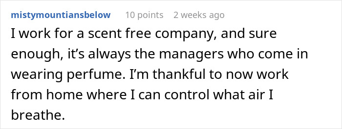 User comment discussing challenges in a scent-free workplace addressing perfume bans due to employee allergies.