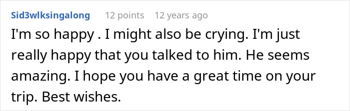 Screenshot of a Reddit comment expressing happiness and best wishes, related to wife hears husband admit she&rsquo;s ugly discussion.
