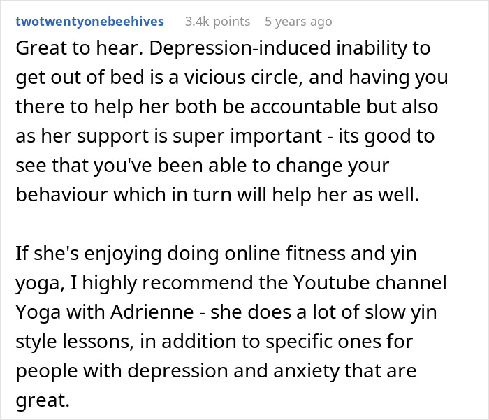 Comment discussing depression support, accountability, and recommending online yoga for managing depression and anxiety. Comment discussing depression support, accountability, and recommending online yoga for managing depression and anxiety.