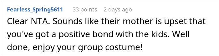 Comment expressing support for twins wanting to include stepmom in group Halloween costume despite mother's disapproval.