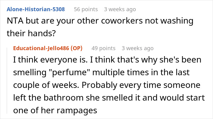 Online discussion about a coworker sensitive to smells mentioning others not washing hands and perfume causing issues. Online discussion about a coworker sensitive to smells mentioning others not washing hands and perfume causing issues.