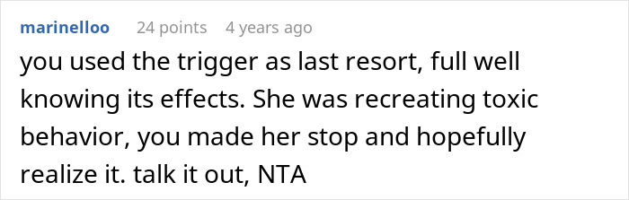 Comment discussing how calling a wife a bully triggered her due to past toxic behavior and personal pain.