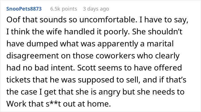 Screenshot of a Reddit comment discussing coworkers scammed at superior&rsquo;s wife&rsquo;s show and the resulting disagreement.