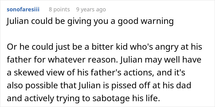 Comment discussing a woman bumping into her boyfriend&rsquo;s grown son and receiving an unexpected wake-up call.