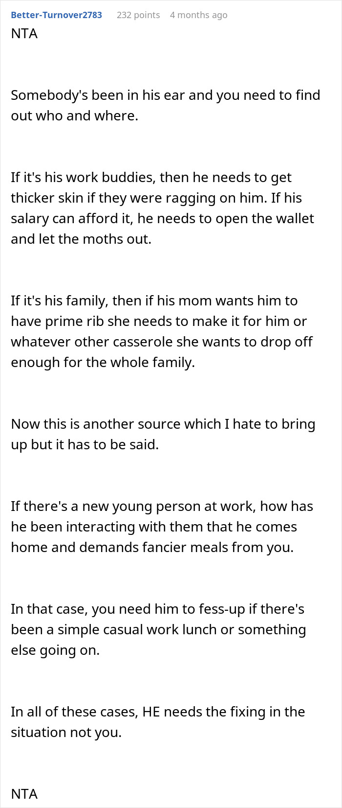 Comment discussing husband yelling at wife for cooking the same meal after restricting ingredient purchases.