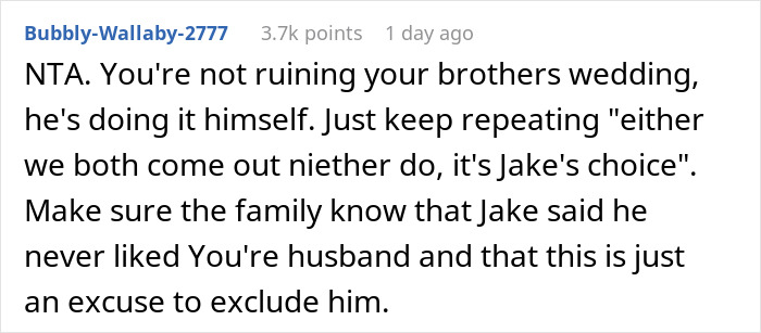 Screenshot of an online comment discussing a man mocking his brother-in-law and uninviting him from a wedding after a joke.