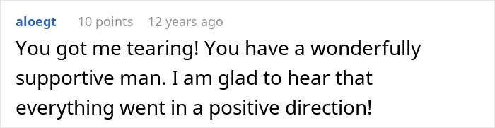 Comment expressing emotional support and relief about a husband&rsquo;s admission involving wife being ugly.