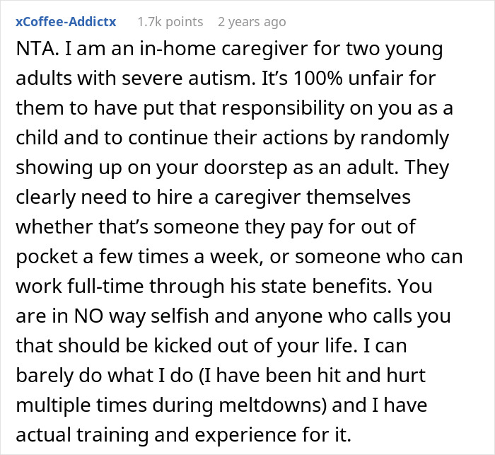 Alt text: Screenshot of a Reddit comment about setting boundaries in disabled brother&rsquo;s care and caregiver responsibilities.
