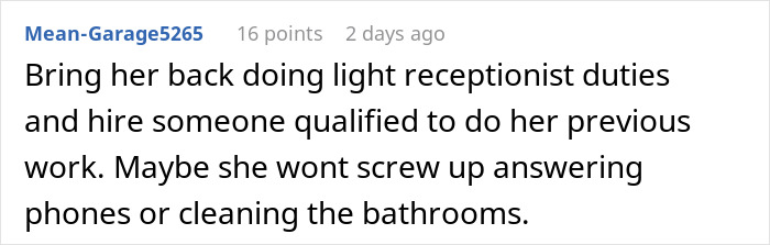 Screenshot of a comment discussing a doctor refusing to rehire sister after she caused a $40,000 loss at the practice.