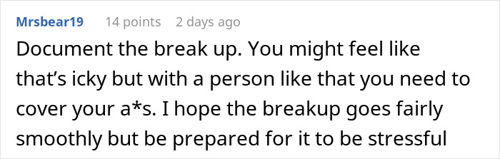 Screenshot of an online comment discussing the breakup related to a gym influencer lying and its impact on her boyfriend.